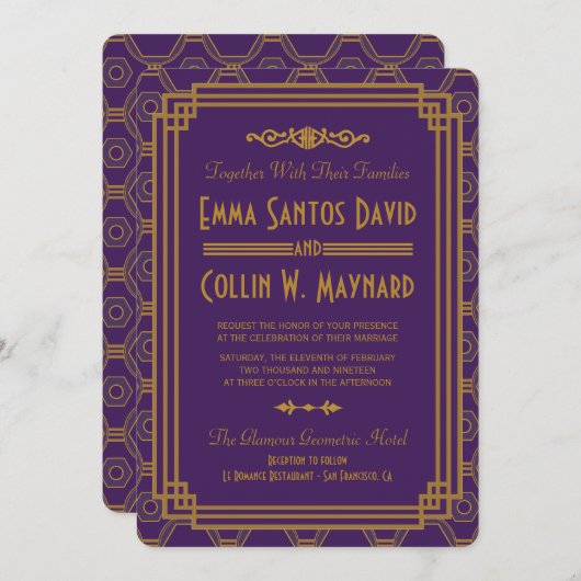 紫のアールデコ結婚式招待状 招待状 (正面/裏面)