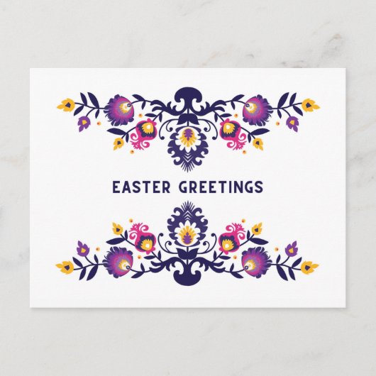 紫のイースターグリーティング フォークロア カスタム テキスト ポストカード (正面)