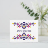 紫のイースターグリーティング フォークロア カスタム テキスト ポストカード (スタンド正面)