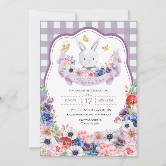 紫のイースターバニー春のイースターエッグハント 招待状 (正面)