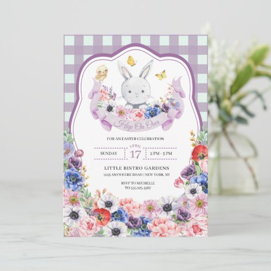 紫のイースターバニー春のイースターエッグハント 招待状 (スタンド正面)