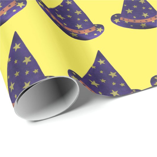 紫のウィザード帽子ハロウィーンの黄色い星 ラッピングペーパー (ロールコーナー)