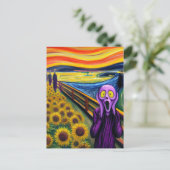 紫のエイリアンがヒマワリに叫ぶ ポストカード (スタンド正面)