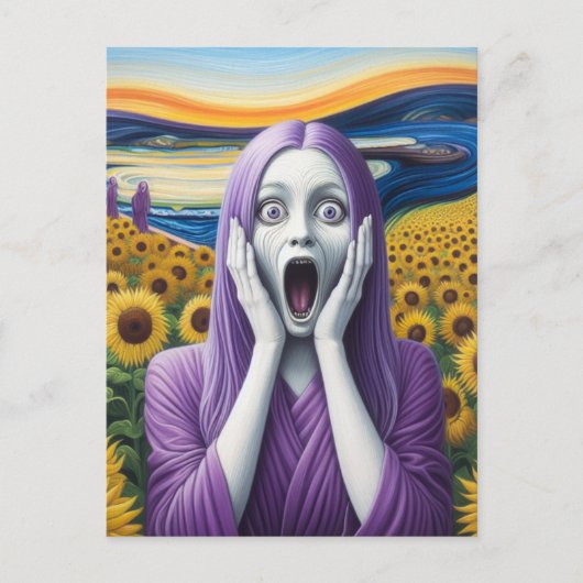 紫のエイリアンの女性がヒマワリを叫ぶ ポストカード (正面)