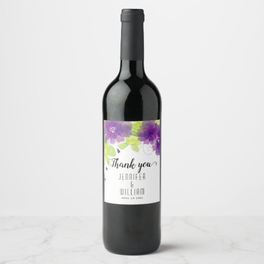 紫のエテリアの花の書道結婚の ワインラベル (正面)