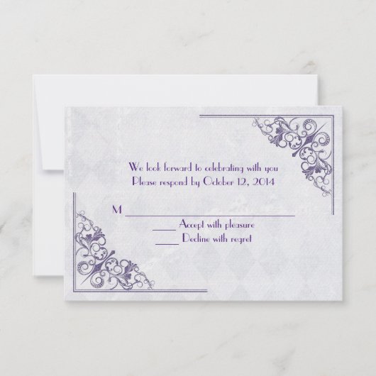 紫のエレガントなコーナーデザイン　出欠のご連絡お願いします 招待状 (正面)