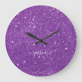 紫のエレガントグリッタースクリプト名 ラージ壁時計