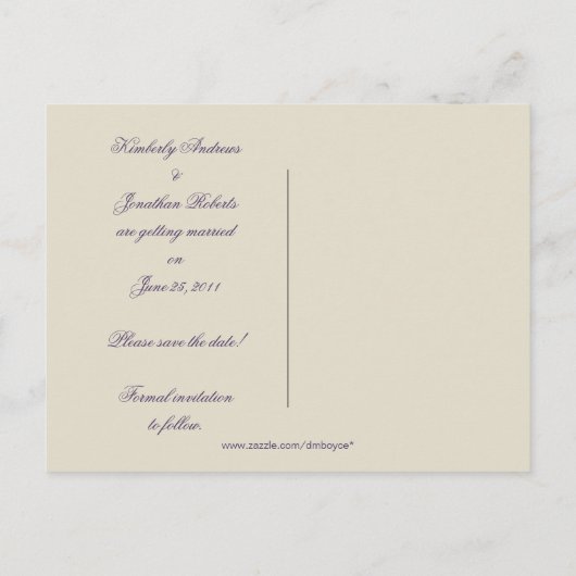 紫のエレガントスクロールフレーム日付の保存 案内ポストカード (裏面)