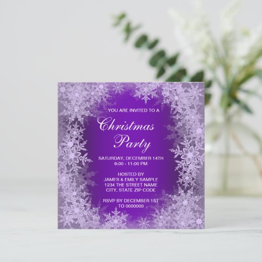 紫のエレガントスノーフレークのクリスマスパーティー 招待状 (スタンド正面)