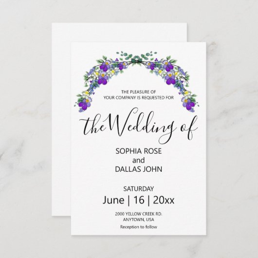 紫のエレガントスミレ結婚ー 招待状 (正面/裏面)