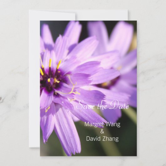 紫のエレガントデイジーの花の日付を保存 セーブザデート (正面)