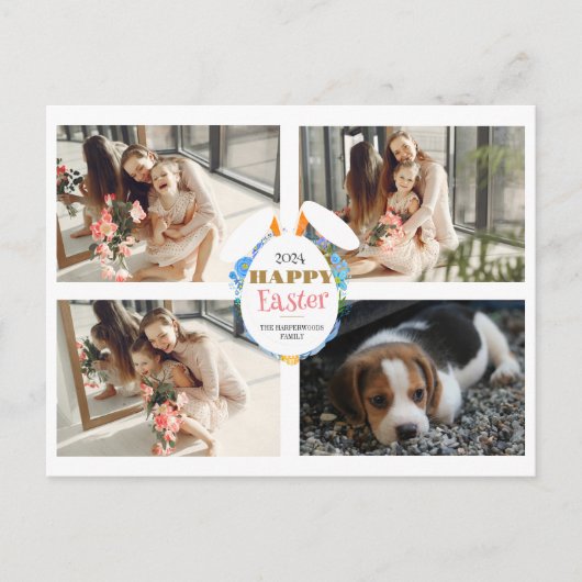 紫のエレガントハッピーイースター耳エッグ家族の写真 シーズンポストカード (正面)
