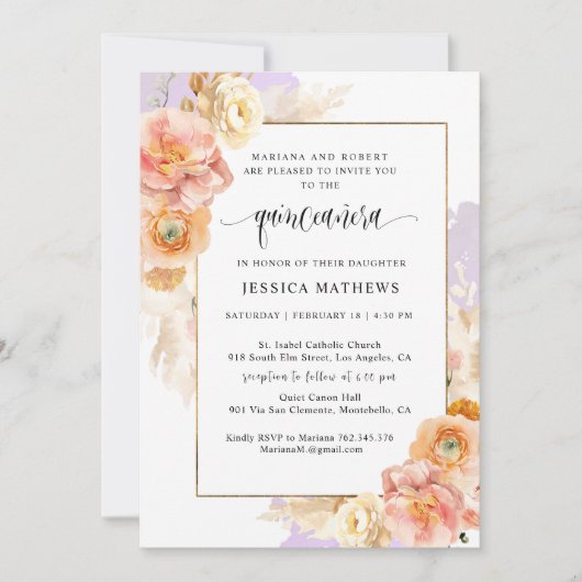 紫のエレガントフローラと水の色キンセアニラ 招待状 (正面)