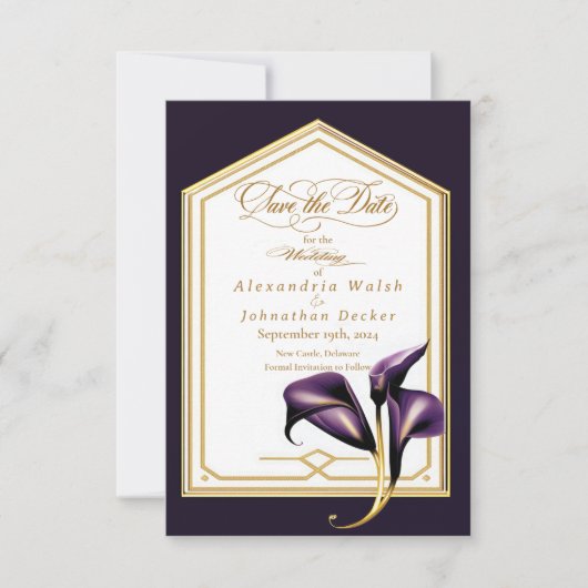 紫のエレガントフローラスクリプト結婚式の日付を保存 出欠カード (正面)