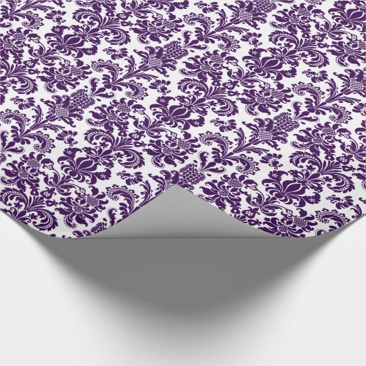 紫のエレガントフローラダマスク白い背景 ラッピングペーパー (角)