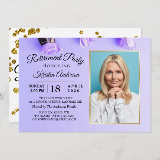 紫のエレガントフローラ写真の退職パーティー 招待状 (正面/裏面)