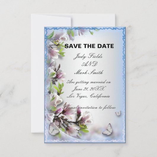 紫のエレガントフローラ蝶は日付カードを保存 招待状 (正面)