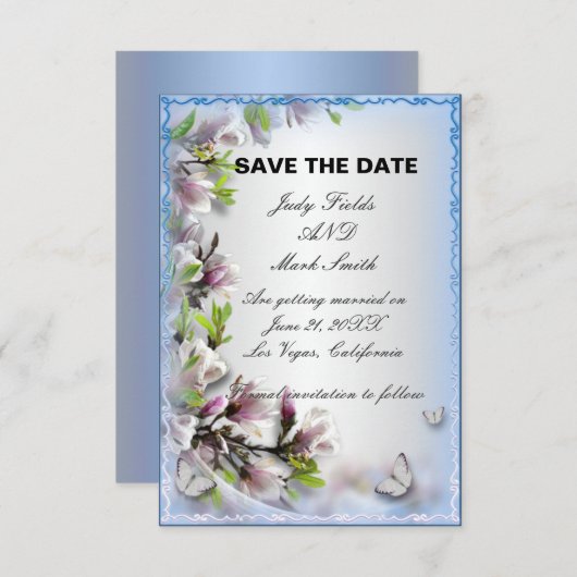 紫のエレガントフローラ蝶は日付カードを保存 招待状 (正面/裏面)