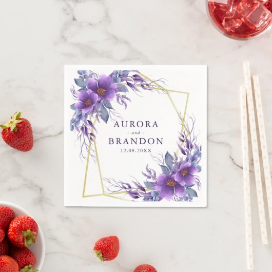 紫のエレガントフローラ金ゴールドジオメトリックフレ結婚ーム スタンダードカクテルナプキン (インサイチュ)