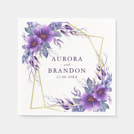 紫のエレガントフローラ金ゴールドジオメトリックフレ結婚ーム スタンダードカクテルナプキン (正面)