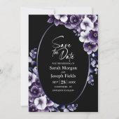 紫のエレガントフローラ黒い楕円形の日付を保存 招待状 (正面)
