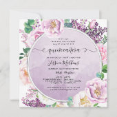 紫のエレガントフローラ、水彩キンセアニラ 招待状 (正面)