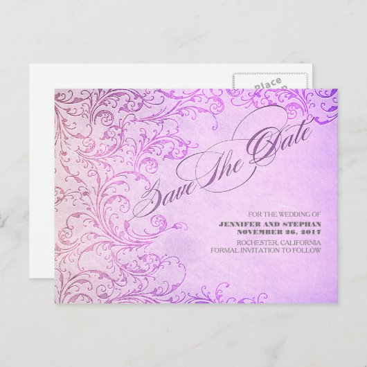 紫のエレガントヴィンテージは日付はがきを保存 案内ポストカード (正面/裏面)