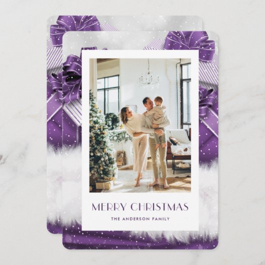 紫のエレガント写真メリークリスマスカード シーズンカード (正面/裏面)