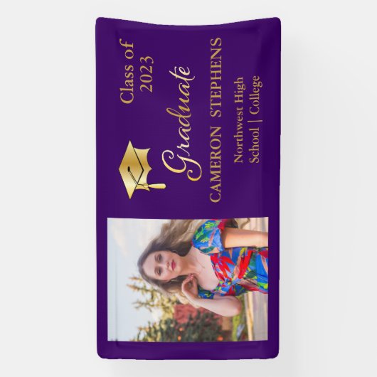 紫のエレガント大学院フォトバナー上の金ゴールドトーン 横断幕 (縦)