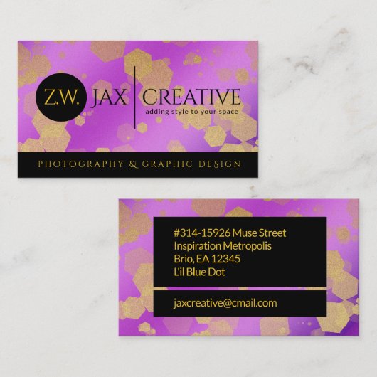 紫のエレガント抽象芸術金ゴールド紙吹雪 名刺 (正面/裏面)