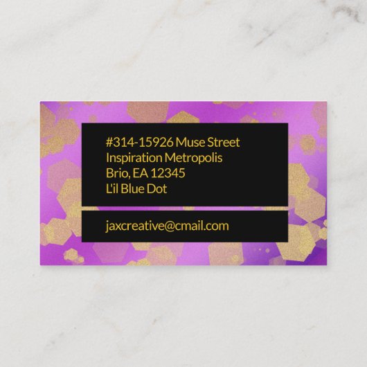 紫のエレガント抽象芸術金ゴールド紙吹雪 名刺 (裏面)