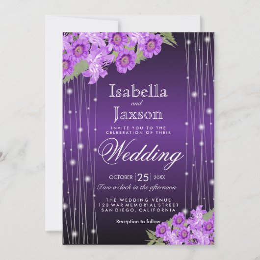 紫のエレガント文字列がフローラの光を結婚放つ 招待状 (正面)