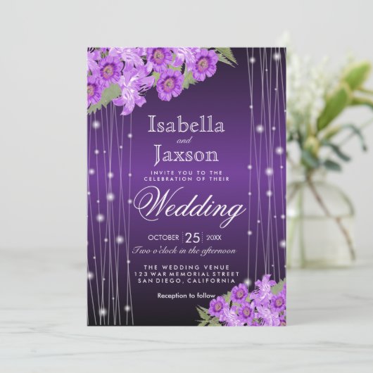 紫のエレガント文字列がフローラの光を結婚放つ 招待状 (スタンド正面)