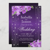 紫のエレガント文字列がフローラの光を結婚放つ 招待状 (正面/裏面)