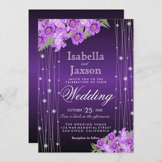 紫のエレガント文字列がフローラの光を結婚放つ 招待状 (正面/裏面)