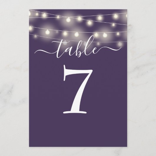 紫のエレガント文字列ライトテーブル番号 招待状 (正面)