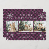 紫のエレガント格子状スノーフレーク3フォトコラージュ シーズンカード (正面/裏面)