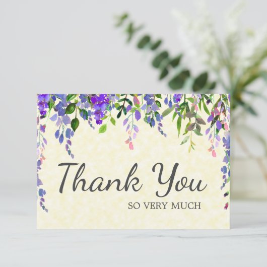 紫のエレガント水色フローラ黄色ありがとう サンキューカード (スタンド正面)