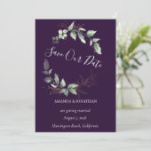 紫のエレガント緑の結婚式の日付カードを保存 招待状 (スタンド正面)