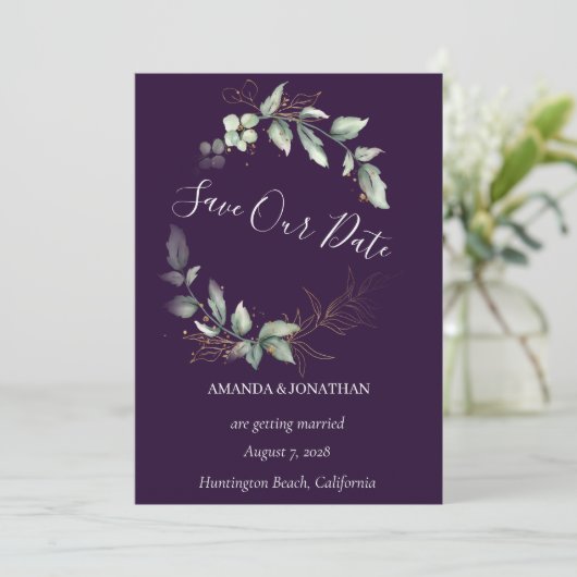 紫のエレガント緑の結婚式の日付カードを保存 招待状 (スタンド正面)