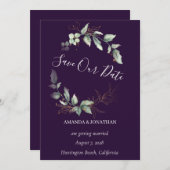 紫のエレガント緑の結婚式の日付カードを保存 招待状 (正面/裏面)