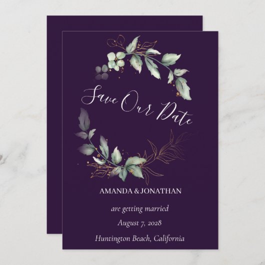 紫のエレガント緑の結婚式の日付カードを保存 招待状 (正面/裏面)