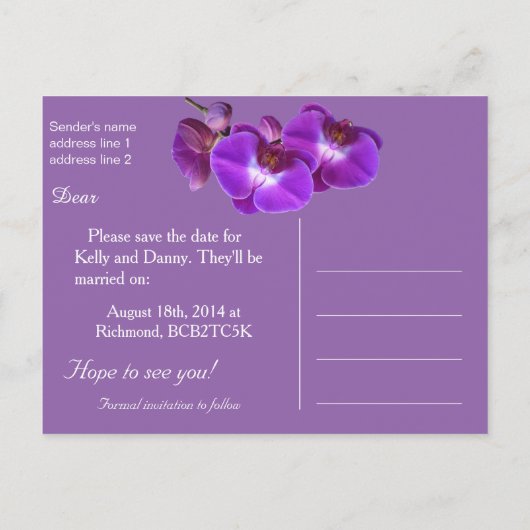 紫のエレガント蘭の花は日付を保存 案内ポストカード (裏面)