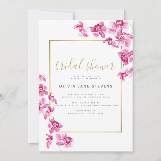 紫のエレガント蘭金ゴールドフレームブライダルシャワー 招待状 (正面)