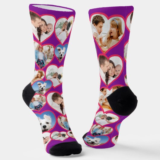 紫のエレガント赤いハートパターン | 5フォトコラージュ ソックス (傾斜あり)