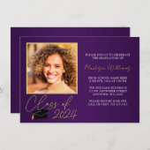 紫のエレガント金ゴールド写真の卒業発表 招待状 (正面/裏面)