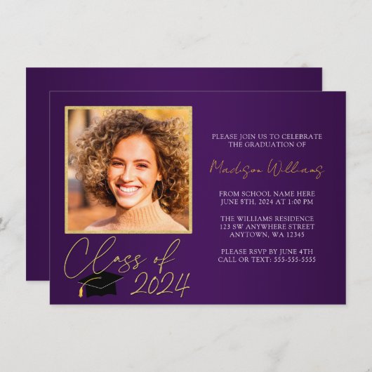 紫のエレガント金ゴールド写真の卒業発表 招待状 (正面/裏面)