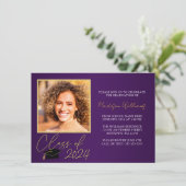紫のエレガント金ゴールド写真の卒業発表 招待状 (スタンド正面)