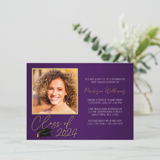 紫のエレガント金ゴールド写真の卒業発表 招待状 (スタンド正面)