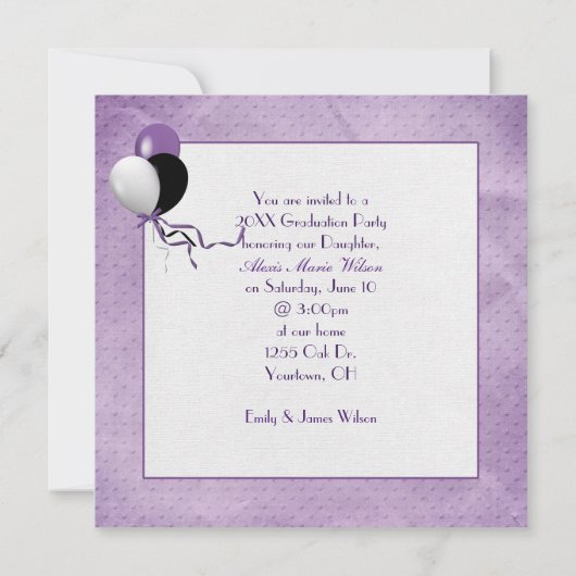紫のエンボスドットの卒業写真フレーム 招待状 (裏面)